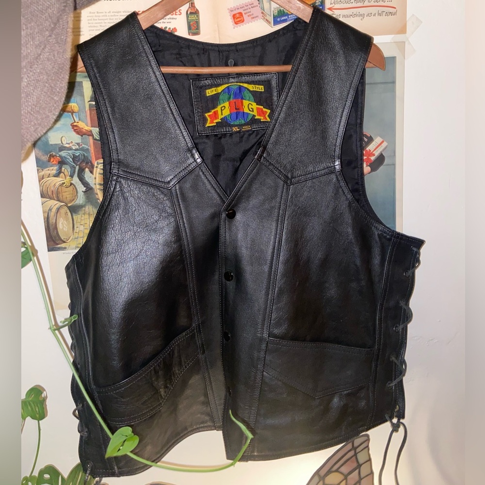 Black genuine leather snap up bikers vest